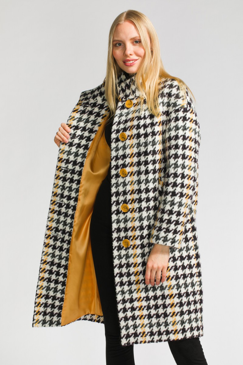 Пальто с принтом гусиная лапка О-945 - средней длины, цвет мультиколор