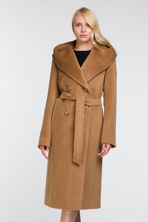 Песочное пальто с капюшоном О-841 - длинное, цвет черный,кэмел