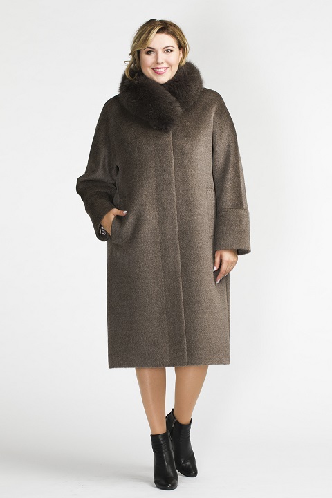 Зимнее пальто из альпаки О-697 - средней длины, цвет синий,коричневый