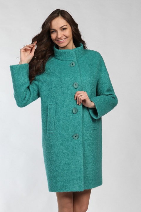 Демисезонное пальто из мохера О-756 - средней длины, цвет зеленый,васильковый