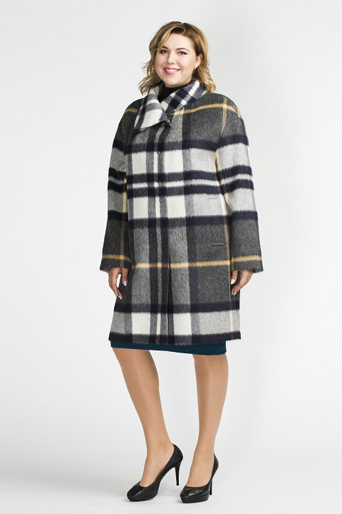 Пальто из альпаки в клетку О-875 - средней длины, цвет серый,мультиколор