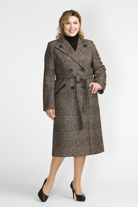 Демисезонное пальто из твида О-784 - длинное, цвет коричневый