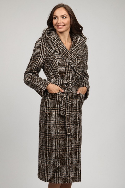 Женское двубортное пальто О-811 - длинное, цвет серый,коричневый