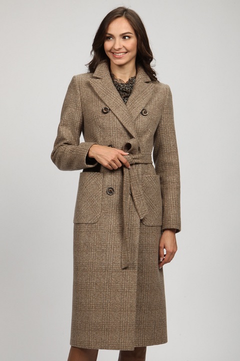 Женское приталенное пальто с накладными карманами О-822 - длинное, цвет бежевый