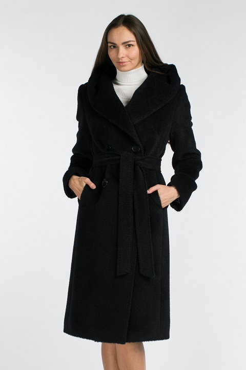 Женское пальто с капюшоном О-841 - длинное, цвет черный