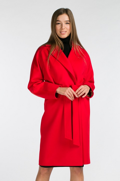 Красное запашное пальто О-850 - средней длины, цвет синий,красный,черный,бежевый