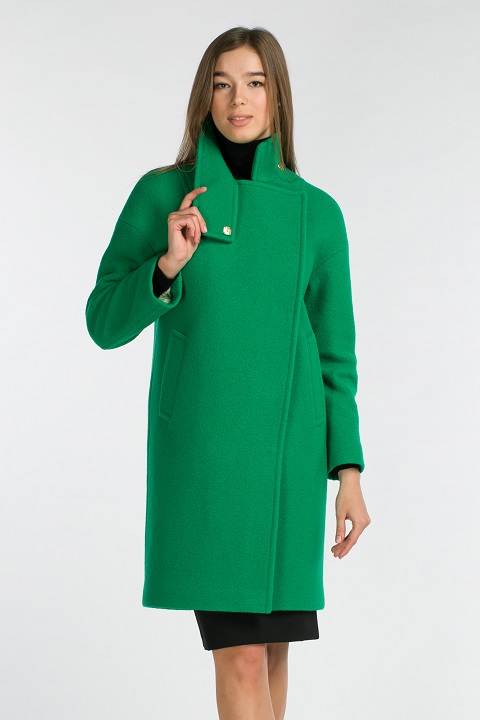 Демисезонное пальто со стойкой О-883 - средней длины, цвет зеленый