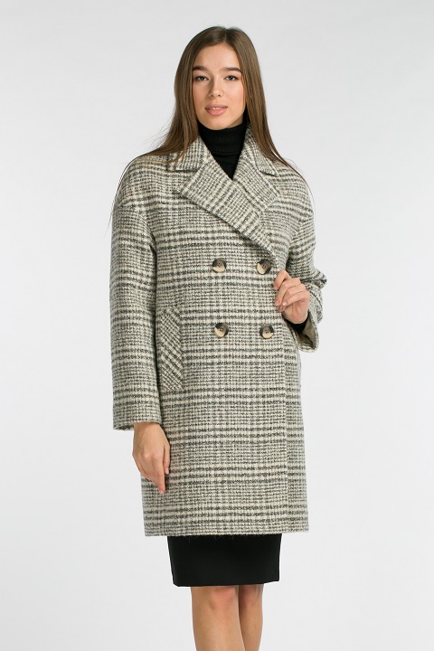 Демисезонное пальто в клетку О-889 - средней длины, цвет белый,серый