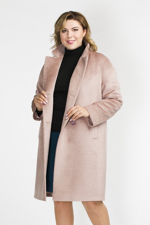 Пальто цвета пудры О-909 - средней длины, цвет розовый
