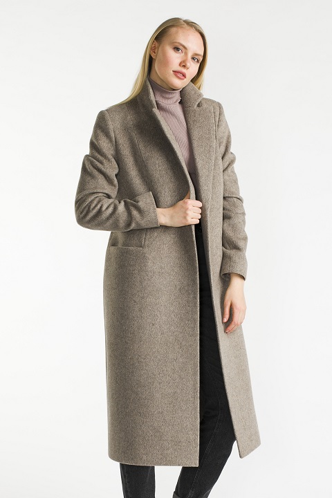 Классическое приталенное пальто под пояс О-915 - длинное, цвет бежевый