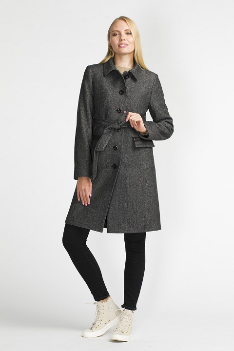 Пальто, декорированное тесьмой О-927 - средней длины, цвет серый