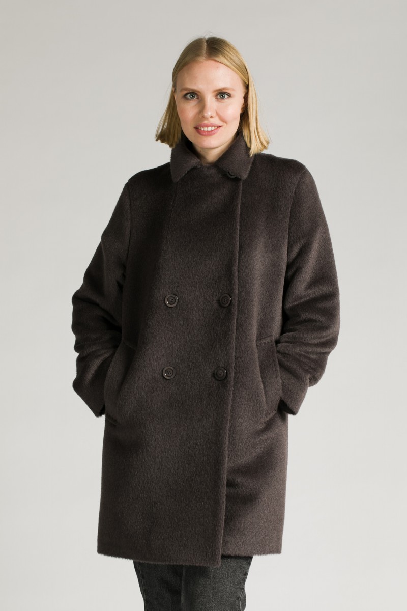 Женское пальто из альпаки О-960 - короткое, цвет синий,коричневый