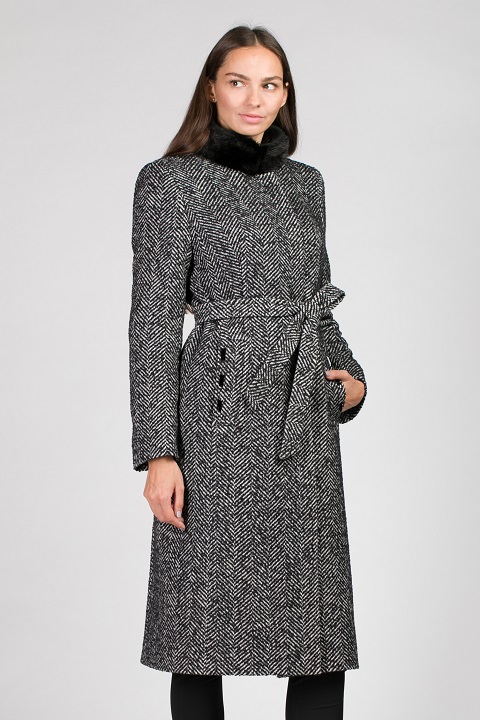 Женское зимнее пальто в елочку О-876 - длинное, цвет белый,черный