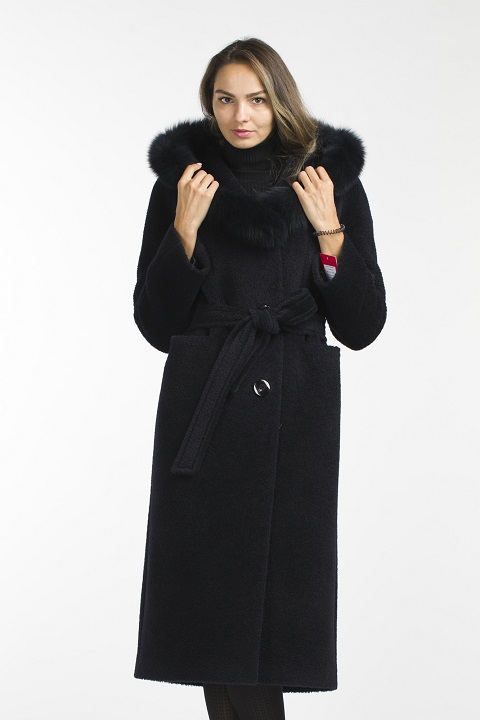 Длинное зимнее пальто с капюшоном О-896 - длинное, цвет синий